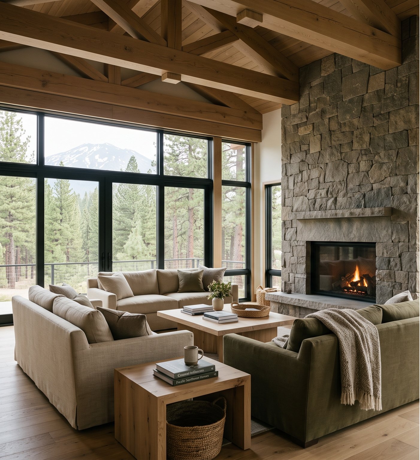 Great room with stone fireplace and Cascade views